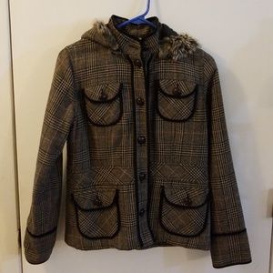 Wool jacket with faux fur trimmed hood